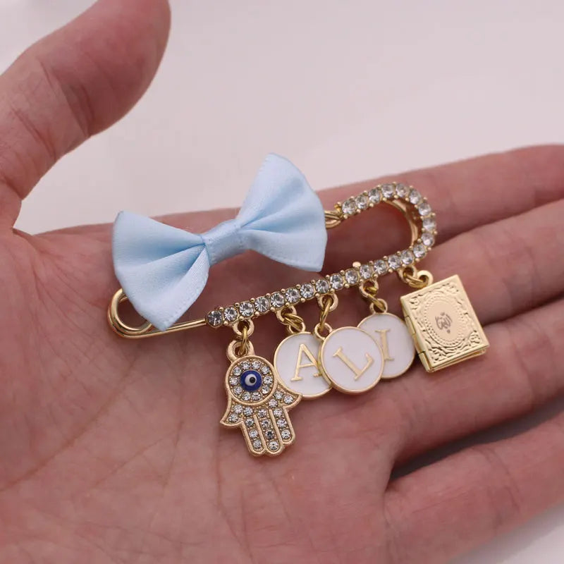 customise english name islam hamsa hand of fatima Allah quran book Baby brooch Pin
