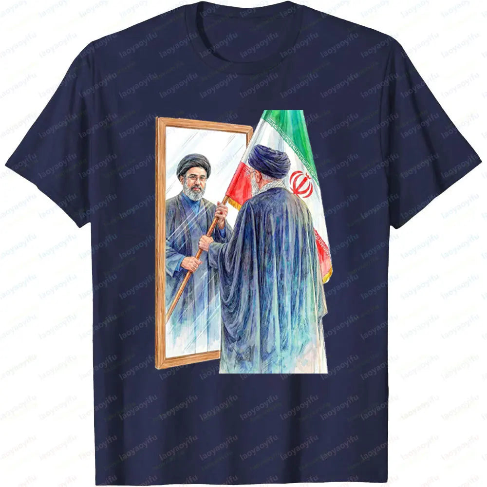 Iranian Political Figure Mojtaba Khamenei Mirror Graphic TShirt Men Summer Cotton Short Sleeve Tee Iran Flag Patriotic Gift Tops