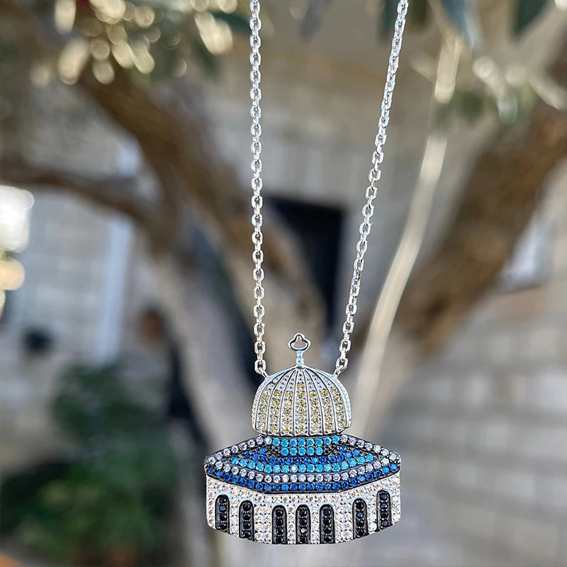 Colorful Stainless Steel Al Aqsa Mosque Crystal Pendant Necklaces Exquisite Personalized Chain Jewelry Gift for Women Men Friend