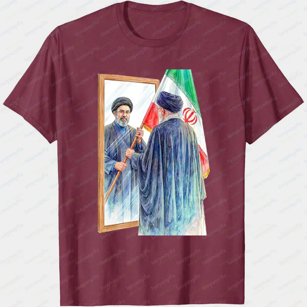 Iranian Political Figure Mojtaba Khamenei Mirror Graphic TShirt Men Summer Cotton Short Sleeve Tee Iran Flag Patriotic Gift Tops