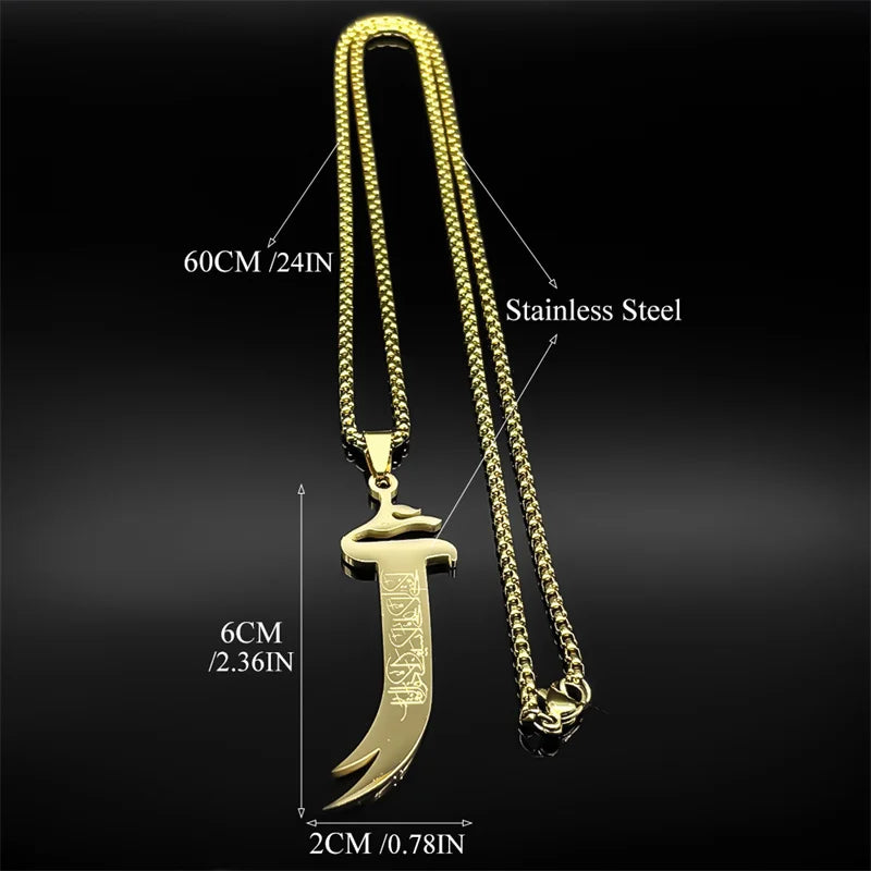 Ali Zulfiqar Sword Imam Pendant Necklace Women Men Stainless Steel Gold Color Muslim Male Islamic Faith Chain Jewelry Amulet