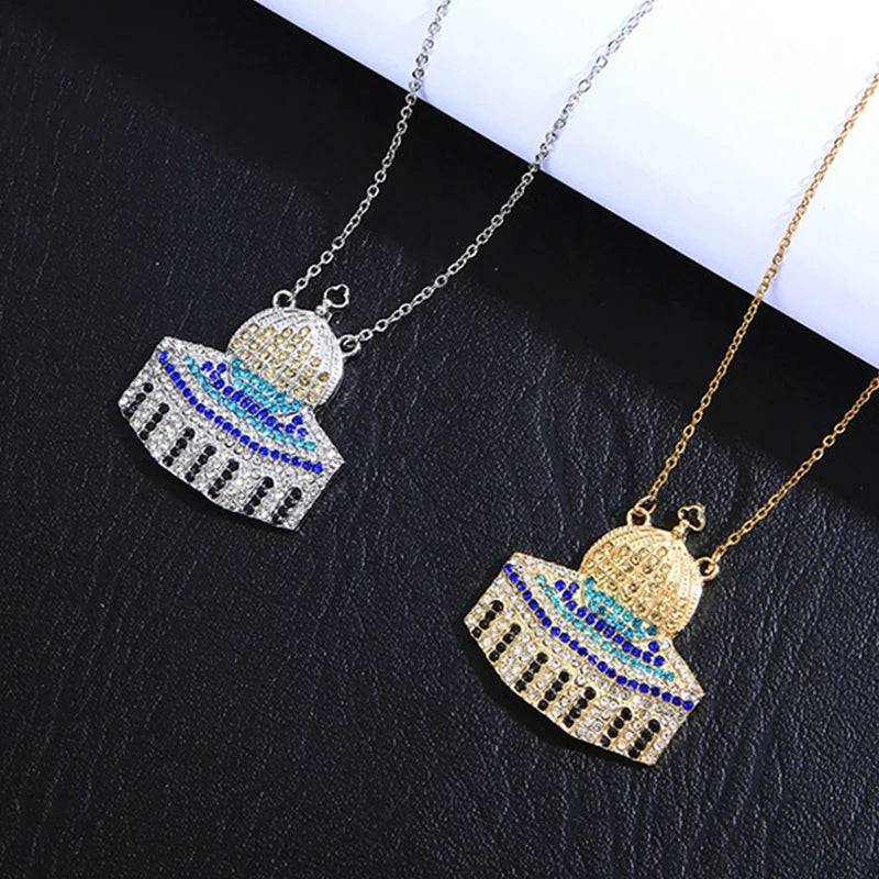 Colorful Stainless Steel Al Aqsa Mosque Crystal Pendant Necklaces Exquisite Personalized Chain Jewelry Gift for Women Men Friend