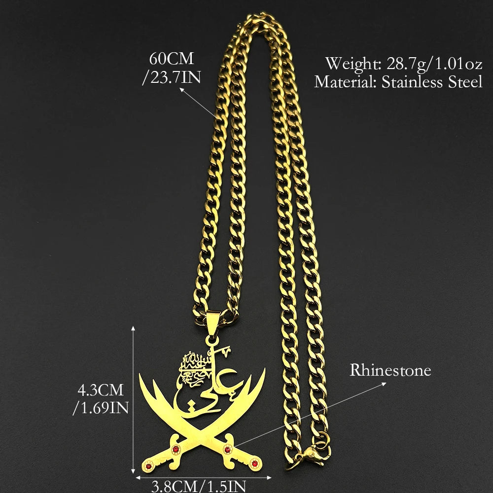 Imam Ali Sword Muslim Islam Pendant Necklace For Men Women Stainless Steel Arabic Zulfiqar Red Rhinestones Chain Jewlery Gift