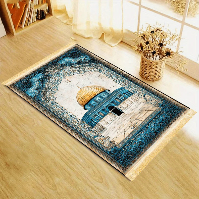 VIKAMA Dome of the Rock Oil Painting Prayer Rug Blue Gold Pattern Worship Mat Tassel Islamic Prayer Carpet for Living Room