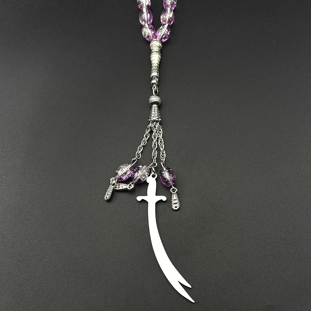 Muslim Islamic Arabic Zulfiqar Sword Pendant Stainless Steel Silver Car Pendant Quran Purple Glass Prayer Beads Necklace Jewelry