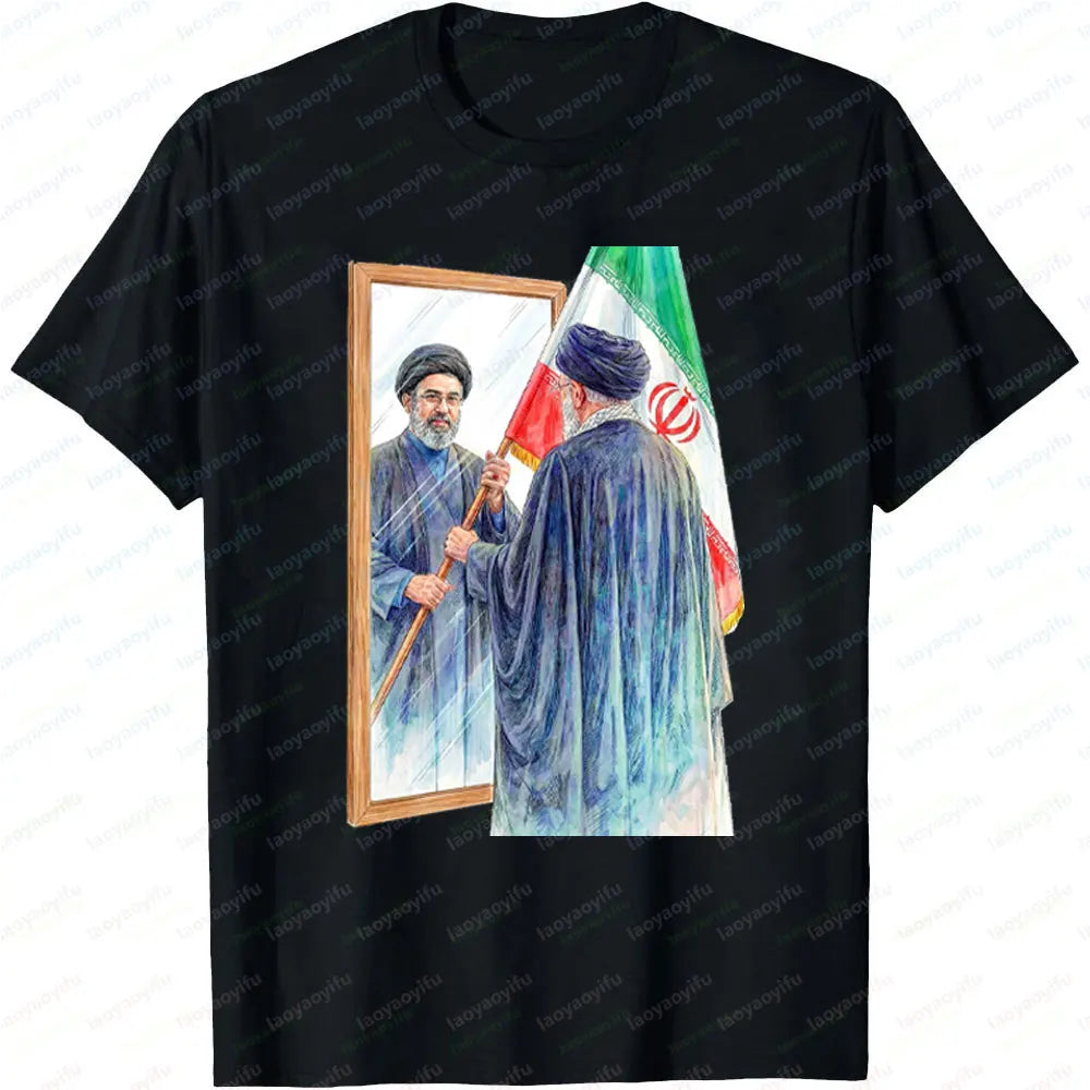 Iranian Political Figure Mojtaba Khamenei Mirror Graphic TShirt Men Summer Cotton Short Sleeve Tee Iran Flag Patriotic Gift Tops
