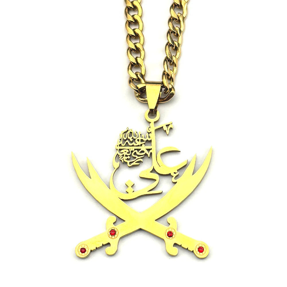 Imam Ali Sword Muslim Islam Pendant Necklace For Men Women Stainless Steel Arabic Zulfiqar Red Rhinestones Chain Jewlery Gift