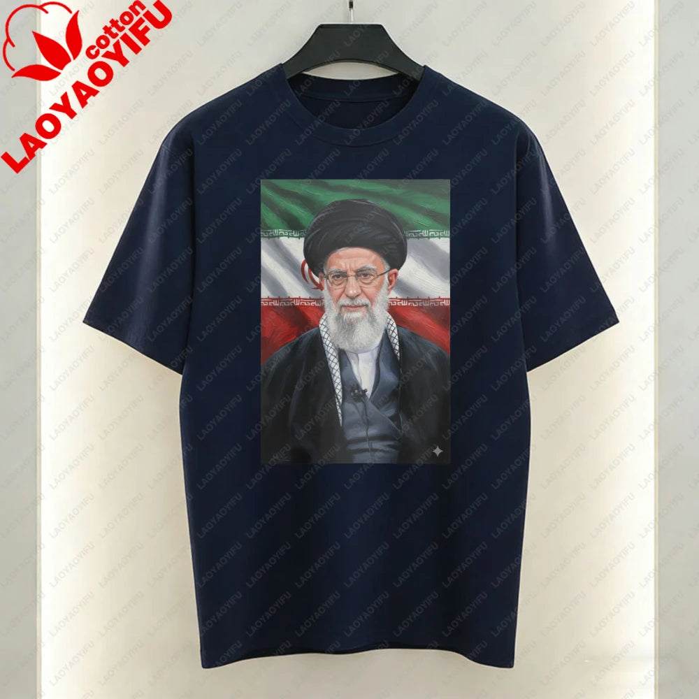 Ayatollah Khamenei Portrait Islamic Leader Design T-Shirt Iran Flag Graphic T Shirts Casual Unisex Cotton Short-sleeve Tees Tops
