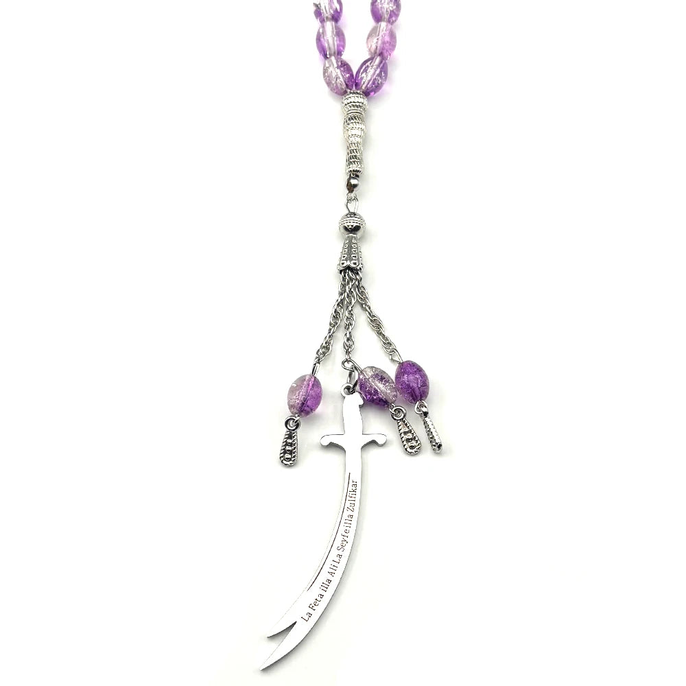 Muslim Islamic Arabic Zulfiqar Sword Pendant Stainless Steel Silver Car Pendant Quran Purple Glass Prayer Beads Necklace Jewelry