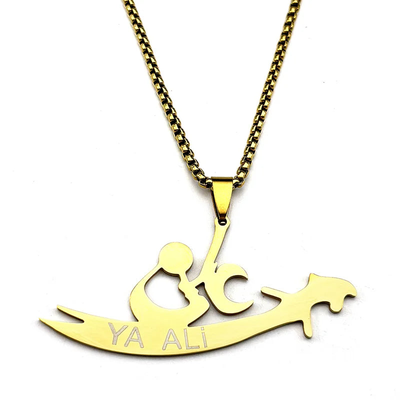YA ALI Islamic Imam Ali Zulfiqar Sword Pendant Necklace for Women Men Stainless Steel Gold Color Quran Amulet Chain Jewelry