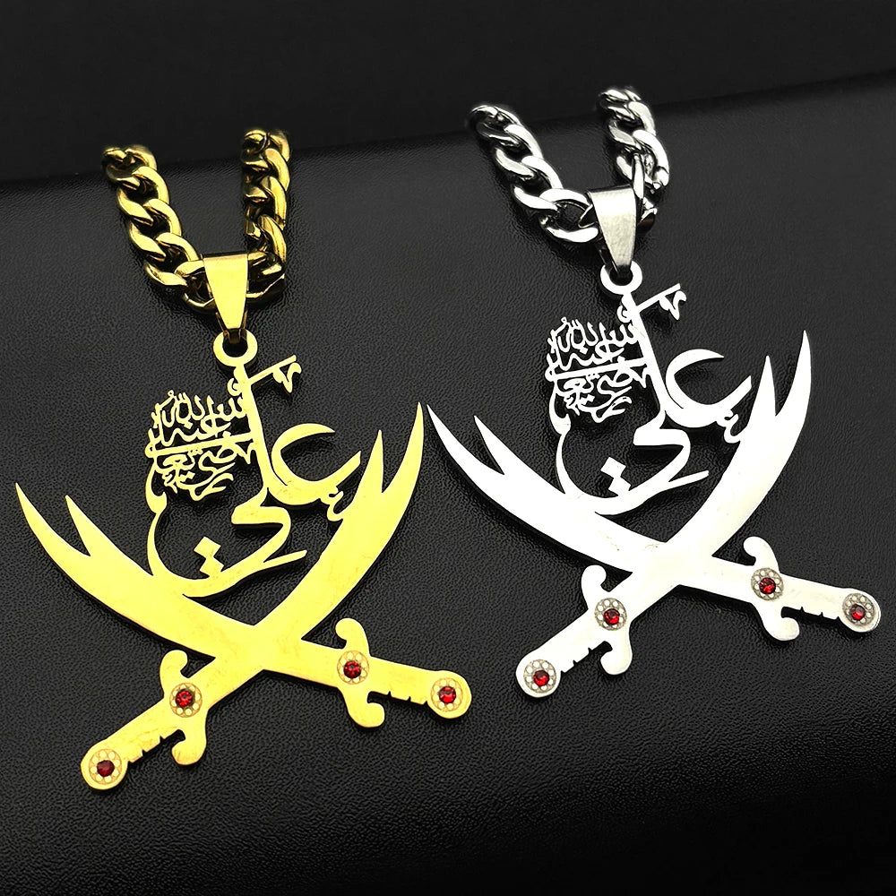 Imam Ali Sword Muslim Islam Pendant Necklace For Men Women Stainless Steel Arabic Zulfiqar Red Rhinestones Chain Jewlery Gift