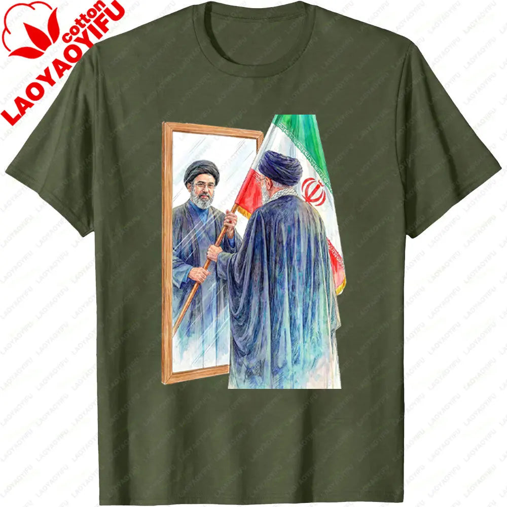 Iranian Political Figure Mojtaba Khamenei Mirror Graphic TShirt Men Summer Cotton Short Sleeve Tee Iran Flag Patriotic Gift Tops