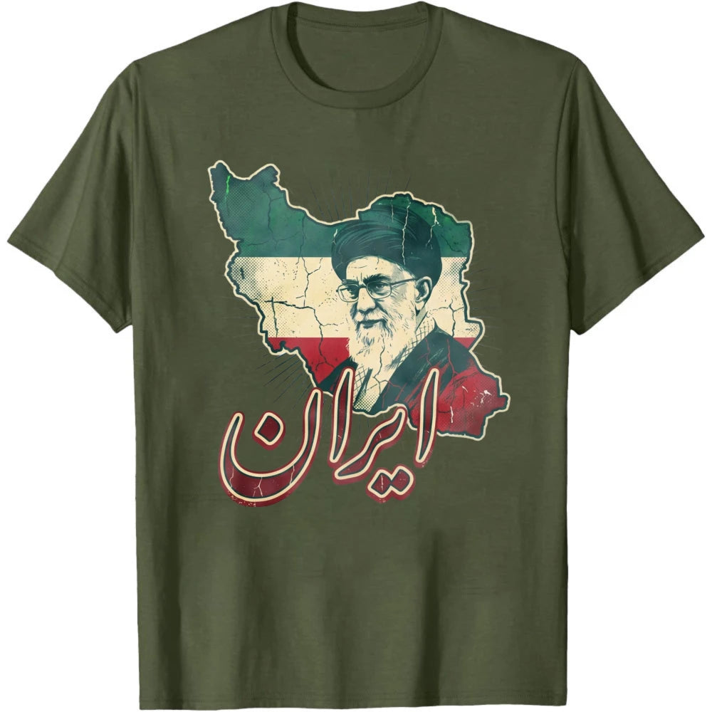 Iran Khamenei Tribute Art Gritty Woodcut Map Silhouette with Nasta'liq Calligraphy Men Tops Summer Short Sleeve Tees
