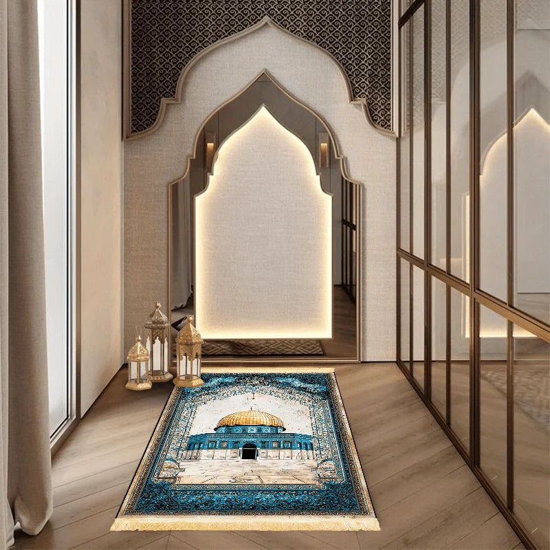 VIKAMA Dome of the Rock Oil Painting Prayer Rug Blue Gold Pattern Worship Mat Tassel Islamic Prayer Carpet for Living Room