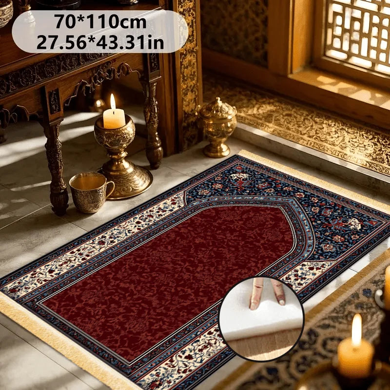 VIKAMA Muslim Prayer Mat, Soft Memory Foam Red And Blue Traditional Pattern Islamic Prayer Rug, Portable Travel Prayer Carpet