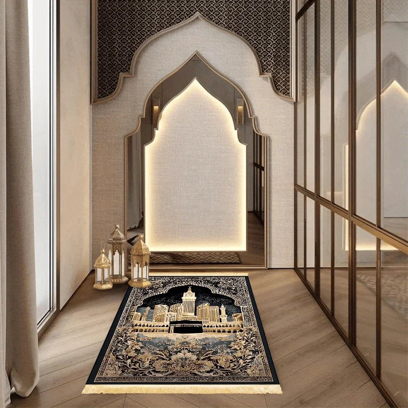 VIKAMA Holy City Prayer Mat: Foldable And Portable For Family Use, Indoor And Outdoor Islamic Worship And Pilgrimage Activities