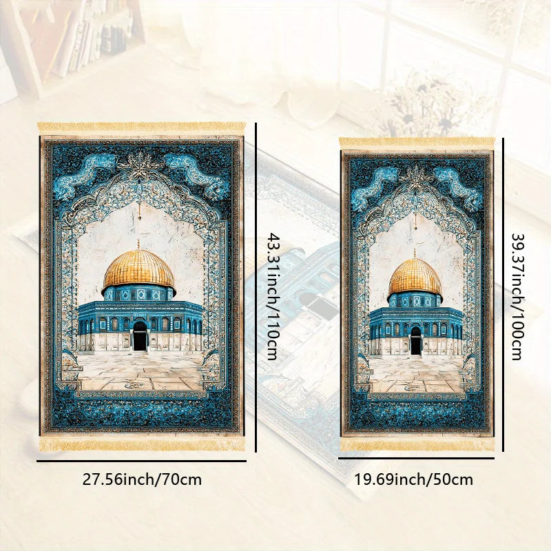 VIKAMA Dome of the Rock Oil Painting Prayer Rug Blue Gold Pattern Worship Mat Tassel Islamic Prayer Carpet for Living Room