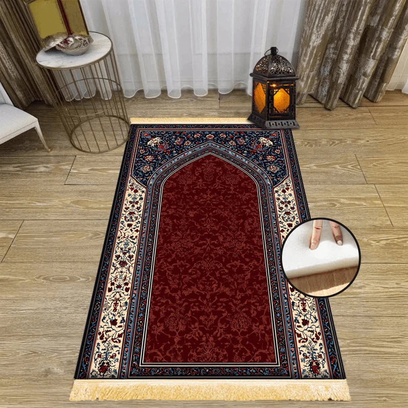 VIKAMA Muslim Prayer Mat, Soft Memory Foam Red And Blue Traditional Pattern Islamic Prayer Rug, Portable Travel Prayer Carpet