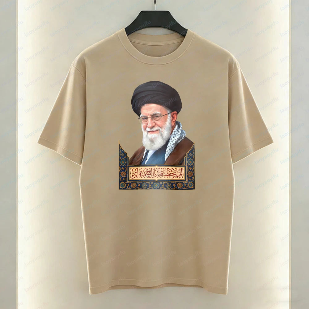 Khamenei Portrait Men's T-Shirt Iran Tees Religious Figure and Arabic Text Design for Summer Short-sleeve Tshirt Cotton Clothes