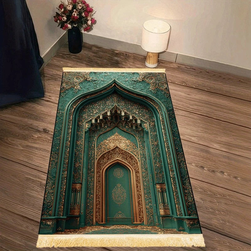 VIKAMA Dark Green Gilded Architectural Art Muslim Prayer Rug with Tassels Soft and Warm Prayer Mat Religious-Specific Knee Pad