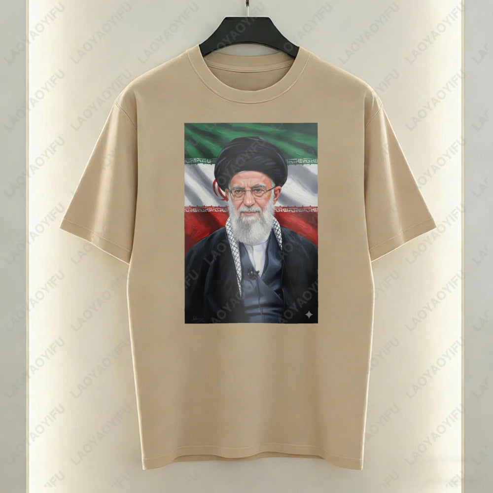 Ayatollah Khamenei Portrait Islamic Leader Design T-Shirt Iran Flag Graphic T Shirts Casual Unisex Cotton Short-sleeve Tees Tops