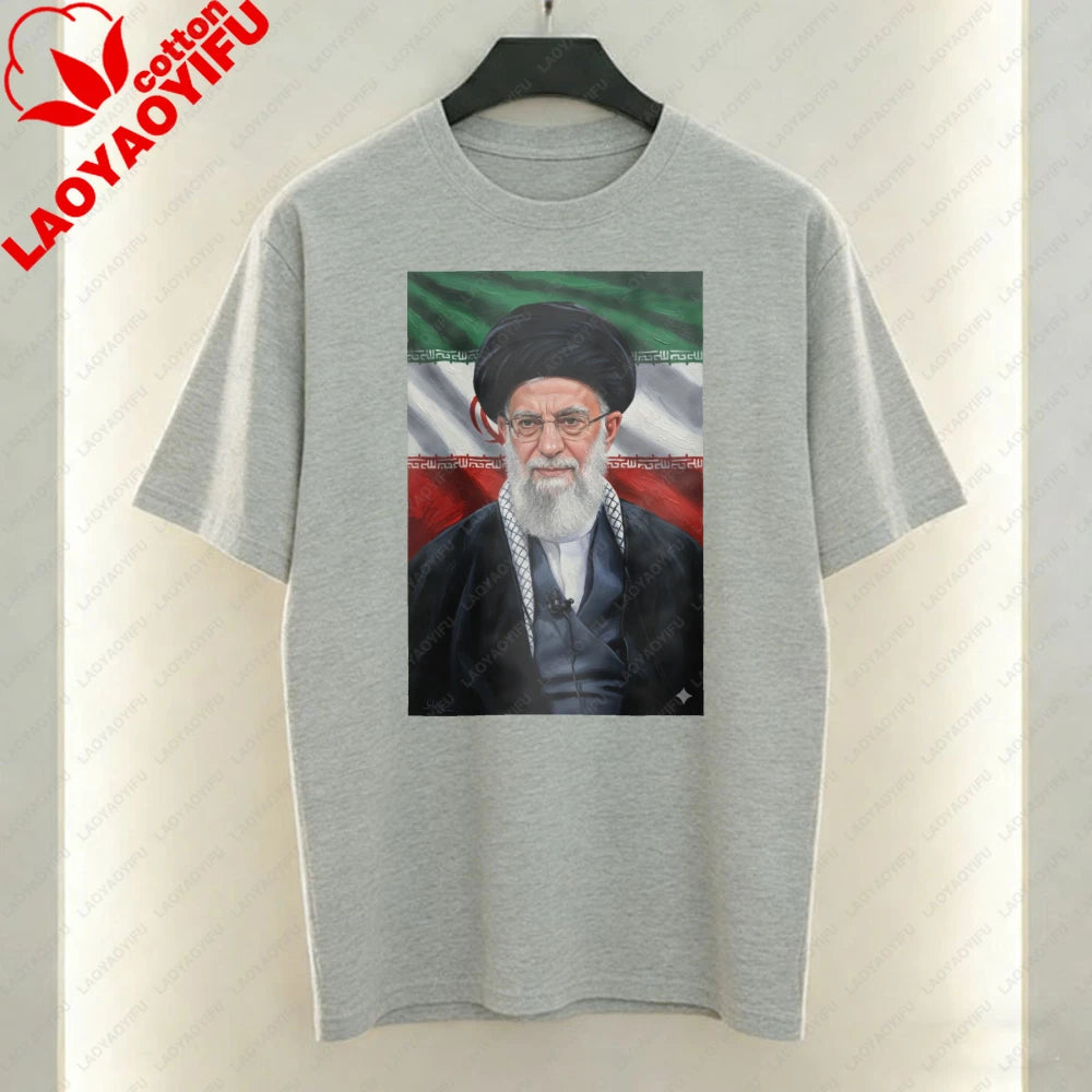 Ayatollah Khamenei Portrait Islamic Leader Design T-Shirt Iran Flag Graphic T Shirts Casual Unisex Cotton Short-sleeve Tees Tops