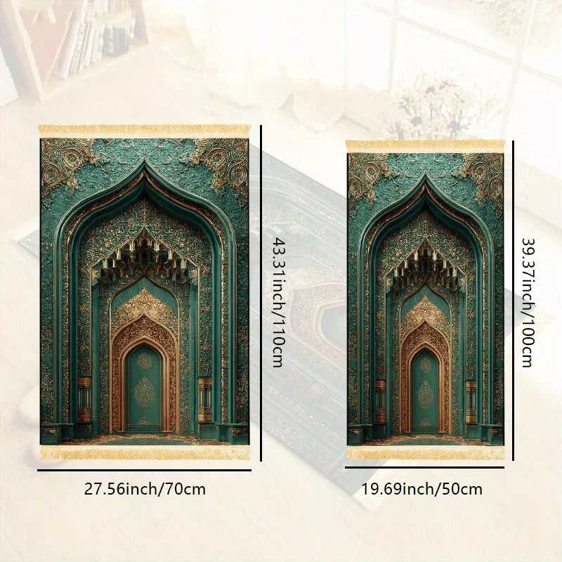 VIKAMA Dark Green Gilded Architectural Art Muslim Prayer Rug with Tassels Soft and Warm Prayer Mat Religious-Specific Knee Pad
