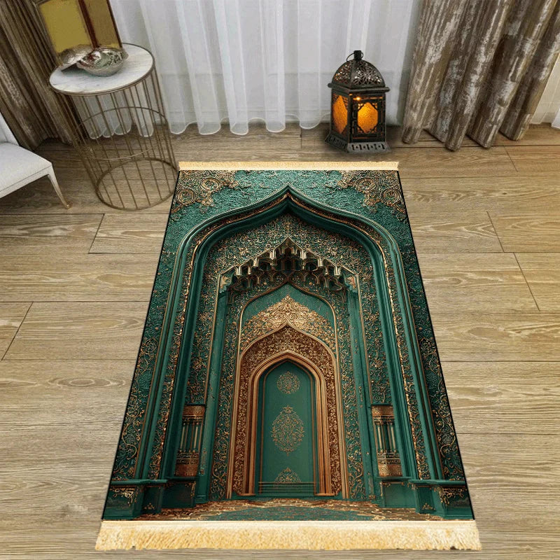 VIKAMA Dark Green Gilded Architectural Art Muslim Prayer Rug with Tassels Soft and Warm Prayer Mat Religious-Specific Knee Pad