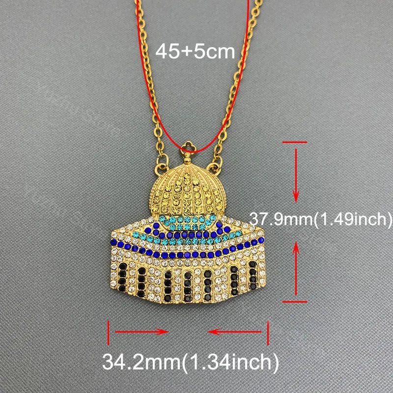 Colorful Stainless Steel Al Aqsa Mosque Crystal Pendant Necklaces Exquisite Personalized Chain Jewelry Gift for Women Men Friend