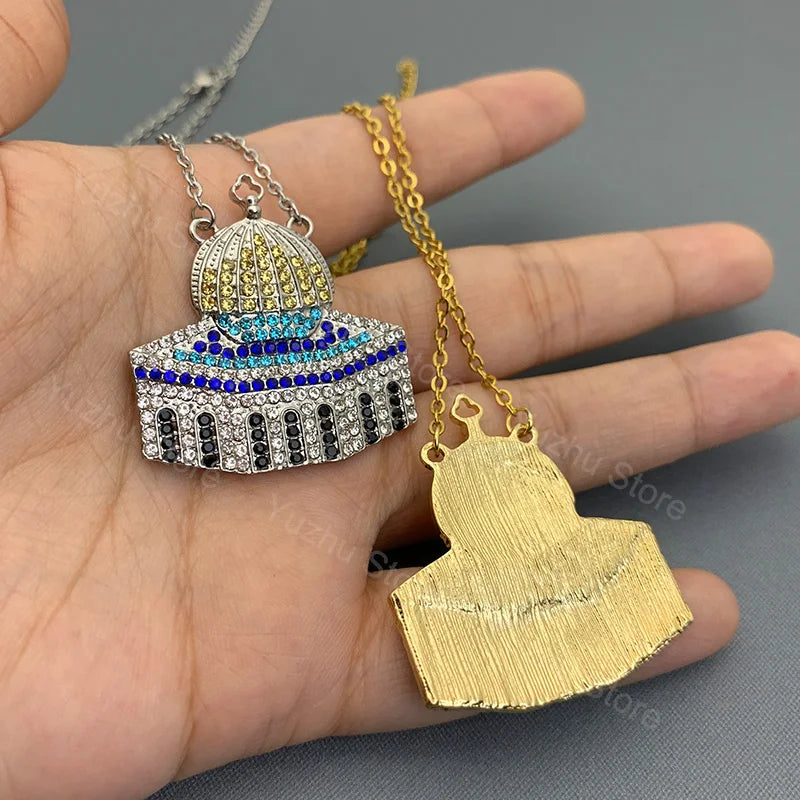 Colorful Stainless Steel Al Aqsa Mosque Crystal Pendant Necklaces Exquisite Personalized Chain Jewelry Gift for Women Men Friend