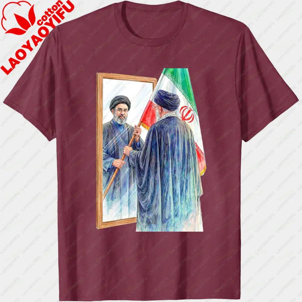 Iranian Political Figure Mojtaba Khamenei Mirror Graphic TShirt Men Summer Cotton Short Sleeve Tee Iran Flag Patriotic Gift Tops