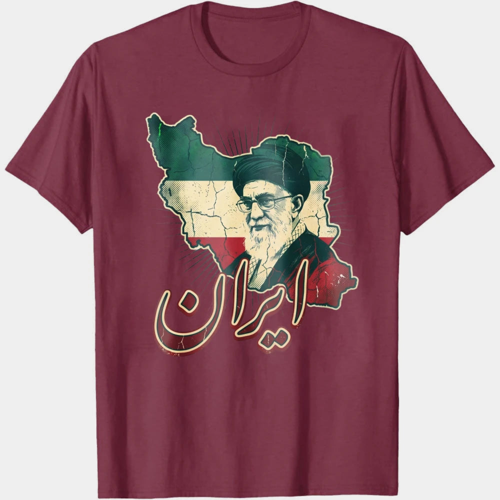 Iran Khamenei Tribute Art Gritty Woodcut Map Silhouette with Nasta'liq Calligraphy Men Tops Summer Short Sleeve Tees
