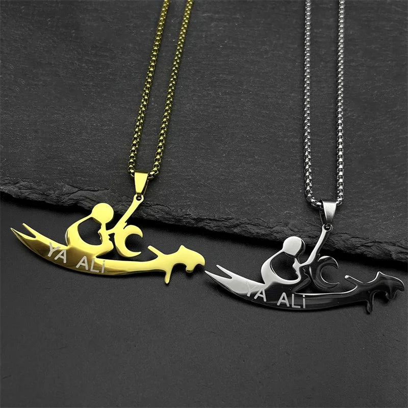 YA ALI Islamic Imam Ali Zulfiqar Sword Pendant Necklace for Women Men Stainless Steel Gold Color Quran Amulet Chain Jewelry