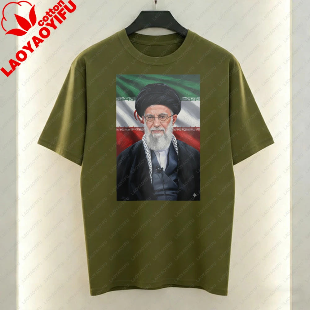 Ayatollah Khamenei Portrait Islamic Leader Design T-Shirt Iran Flag Graphic T Shirts Casual Unisex Cotton Short-sleeve Tees Tops