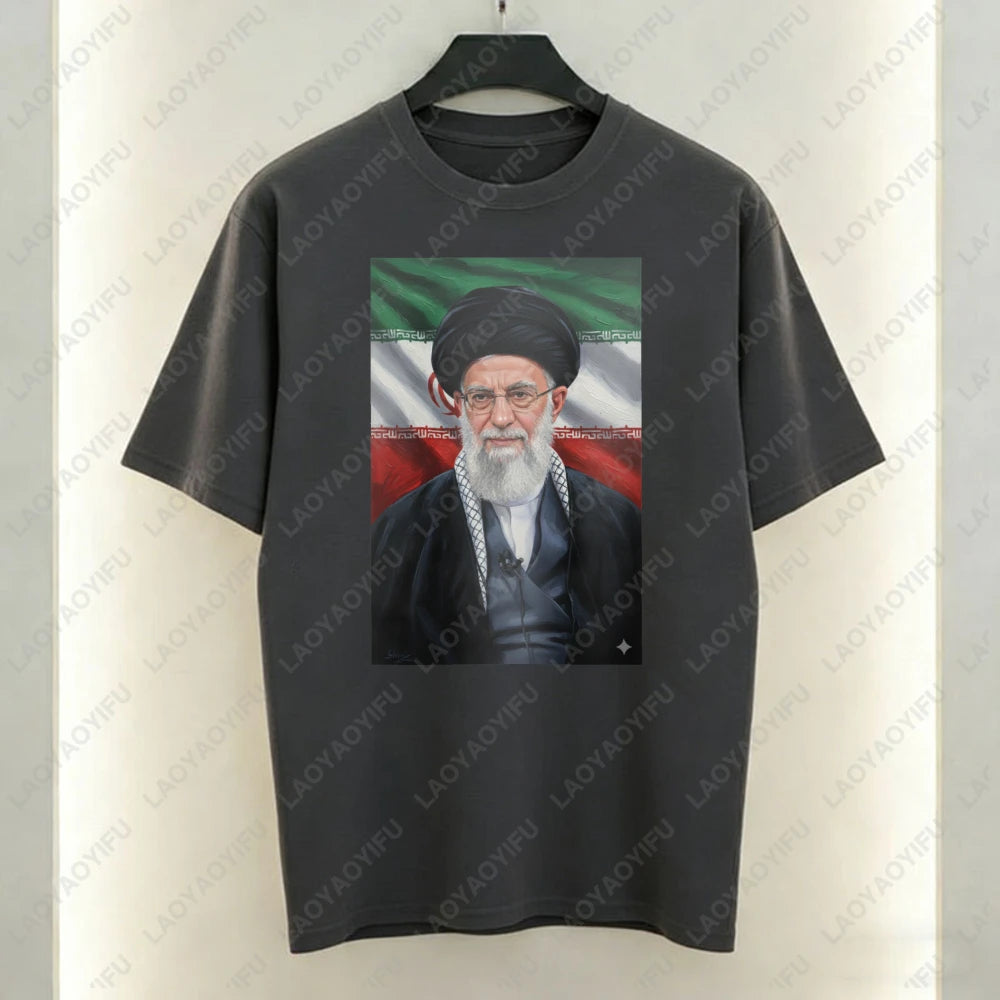 Ayatollah Khamenei Portrait Islamic Leader Design T-Shirt Iran Flag Graphic T Shirts Casual Unisex Cotton Short-sleeve Tees Tops