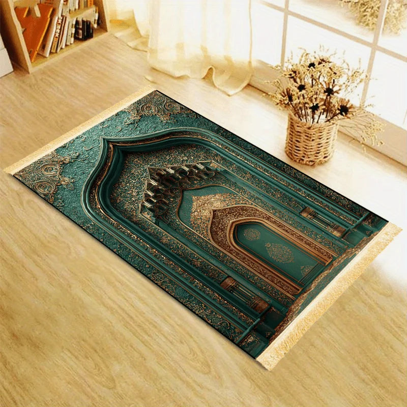 VIKAMA Dark Green Gilded Architectural Art Muslim Prayer Rug with Tassels Soft and Warm Prayer Mat Religious-Specific Knee Pad