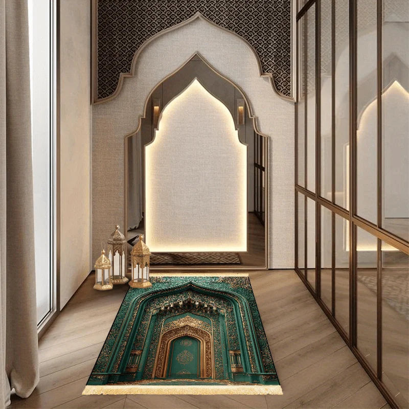 VIKAMA Dark Green Gilded Architectural Art Muslim Prayer Rug with Tassels Soft and Warm Prayer Mat Religious-Specific Knee Pad