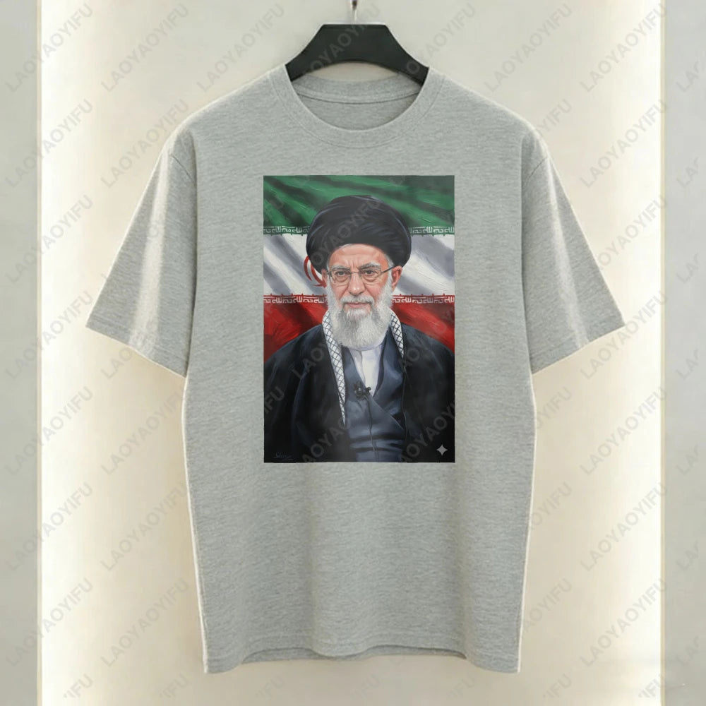 Ayatollah Khamenei Portrait Islamic Leader Design T-Shirt Iran Flag Graphic T Shirts Casual Unisex Cotton Short-sleeve Tees Tops