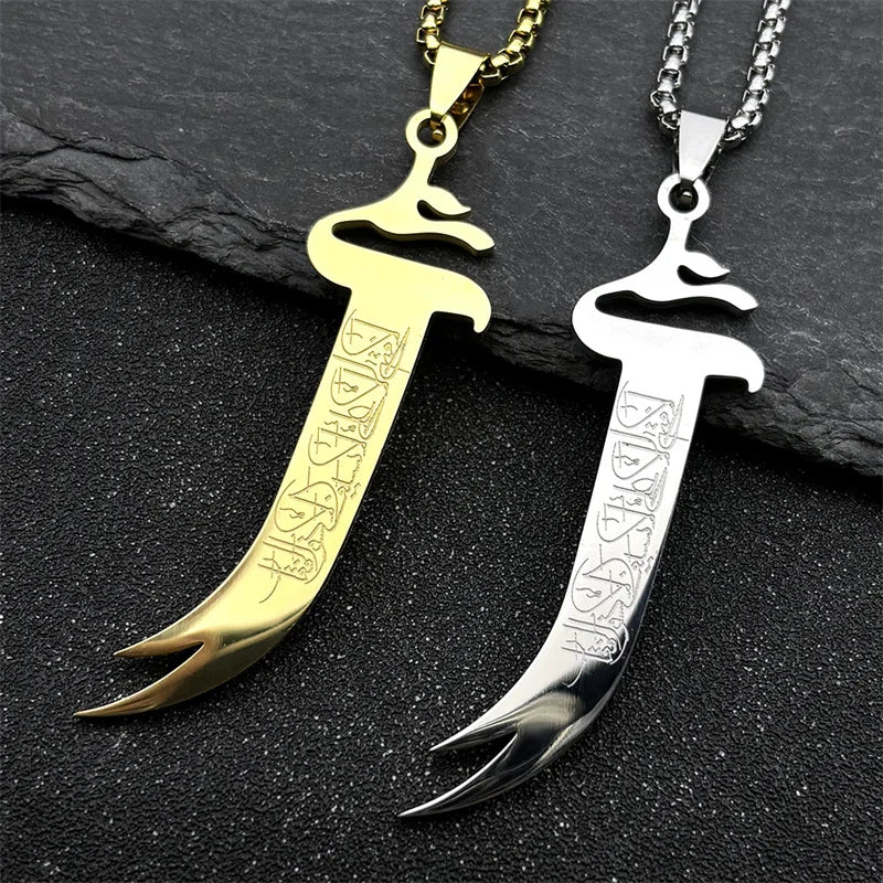 Ali Zulfiqar Sword Imam Pendant Necklace Women Men Stainless Steel Gold Color Muslim Male Islamic Faith Chain Jewelry Amulet