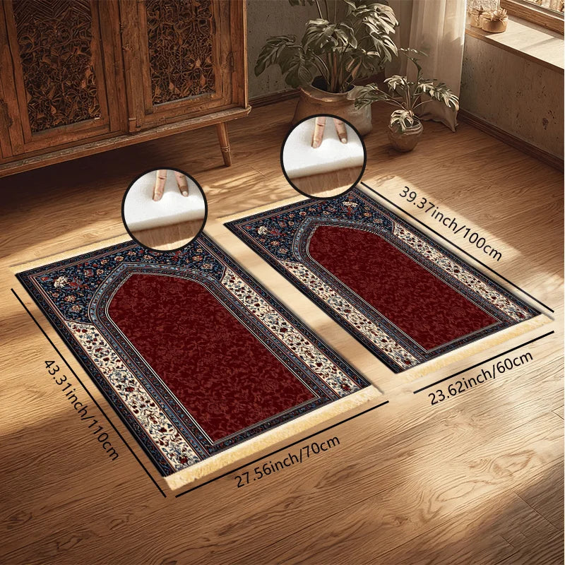 VIKAMA Muslim Prayer Mat, Soft Memory Foam Red And Blue Traditional Pattern Islamic Prayer Rug, Portable Travel Prayer Carpet