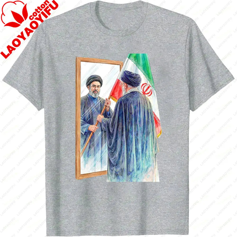 Iranian Political Figure Mojtaba Khamenei Mirror Graphic TShirt Men Summer Cotton Short Sleeve Tee Iran Flag Patriotic Gift Tops