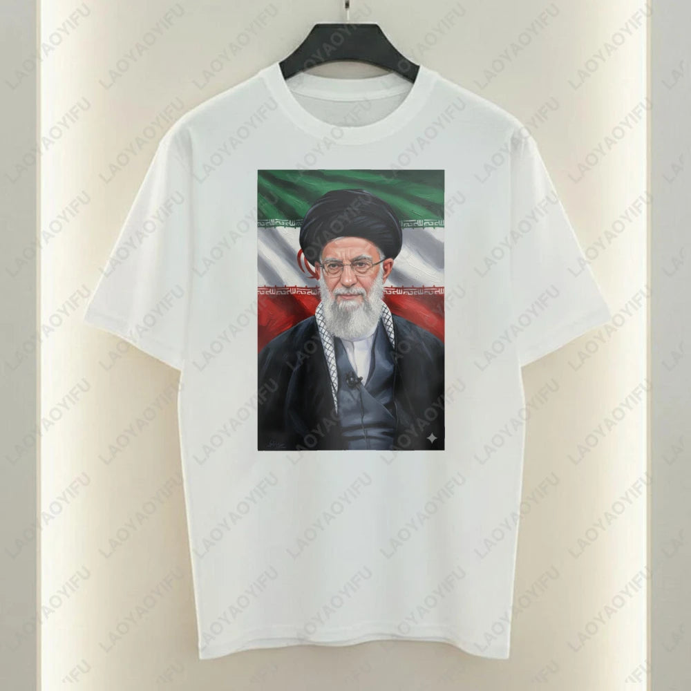 Ayatollah Khamenei Portrait Islamic Leader Design T-Shirt Iran Flag Graphic T Shirts Casual Unisex Cotton Short-sleeve Tees Tops