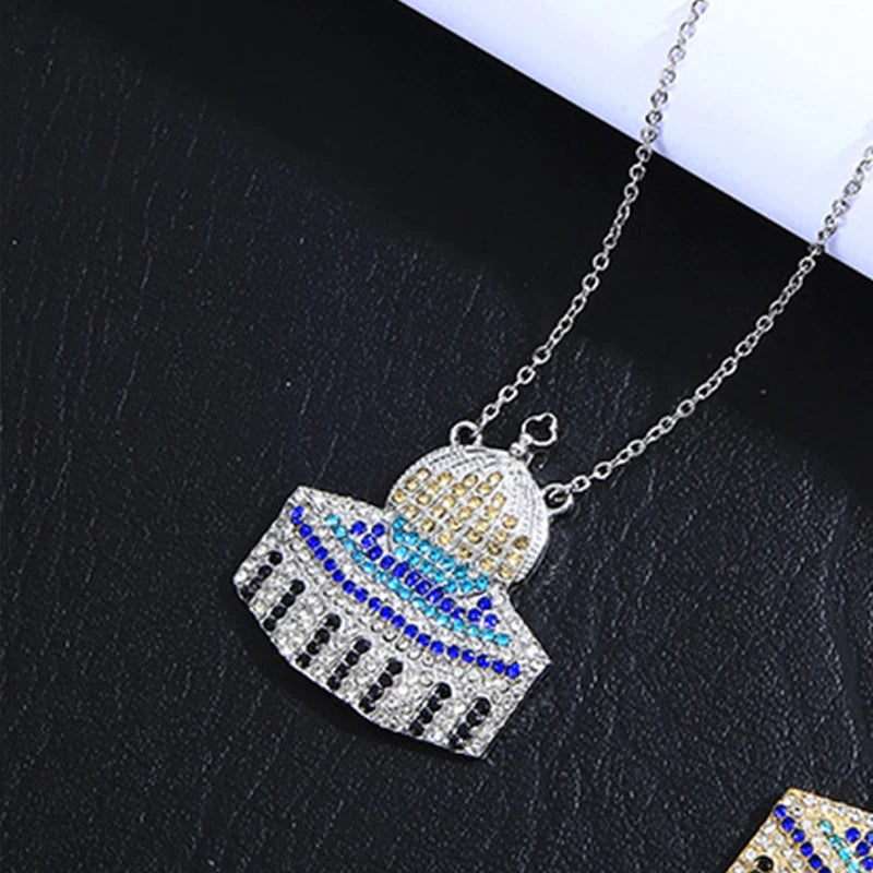 Colorful Stainless Steel Al Aqsa Mosque Crystal Pendant Necklaces Exquisite Personalized Chain Jewelry Gift for Women Men Friend