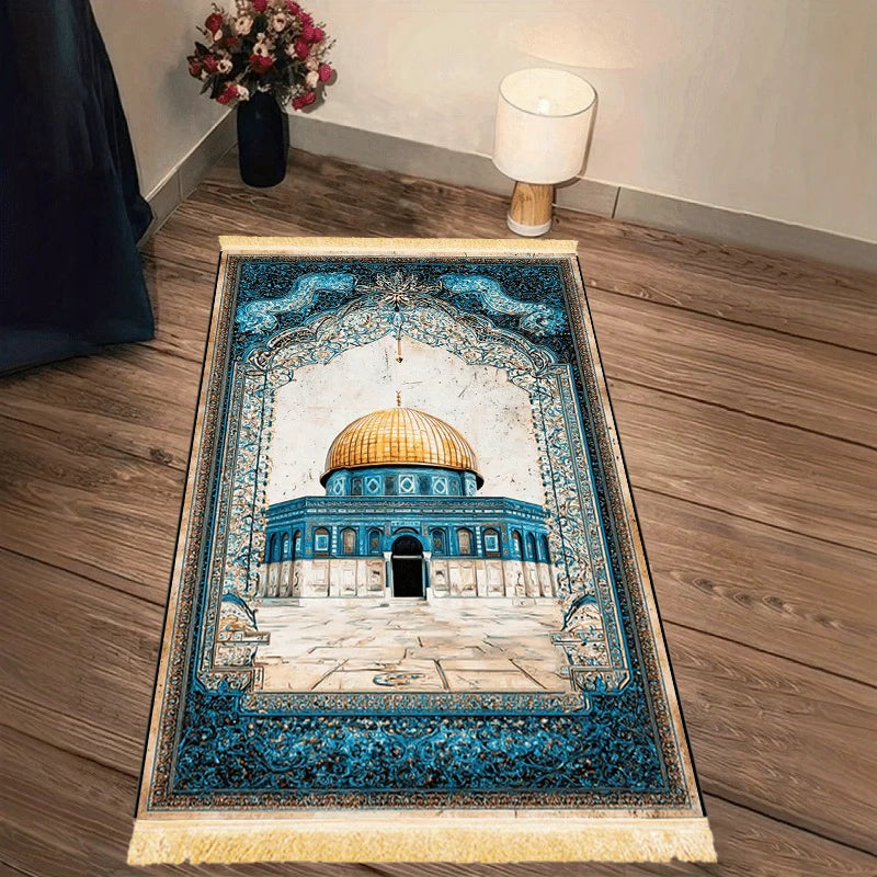 VIKAMA Dome of the Rock Oil Painting Prayer Rug Blue Gold Pattern Worship Mat Tassel Islamic Prayer Carpet for Living Room