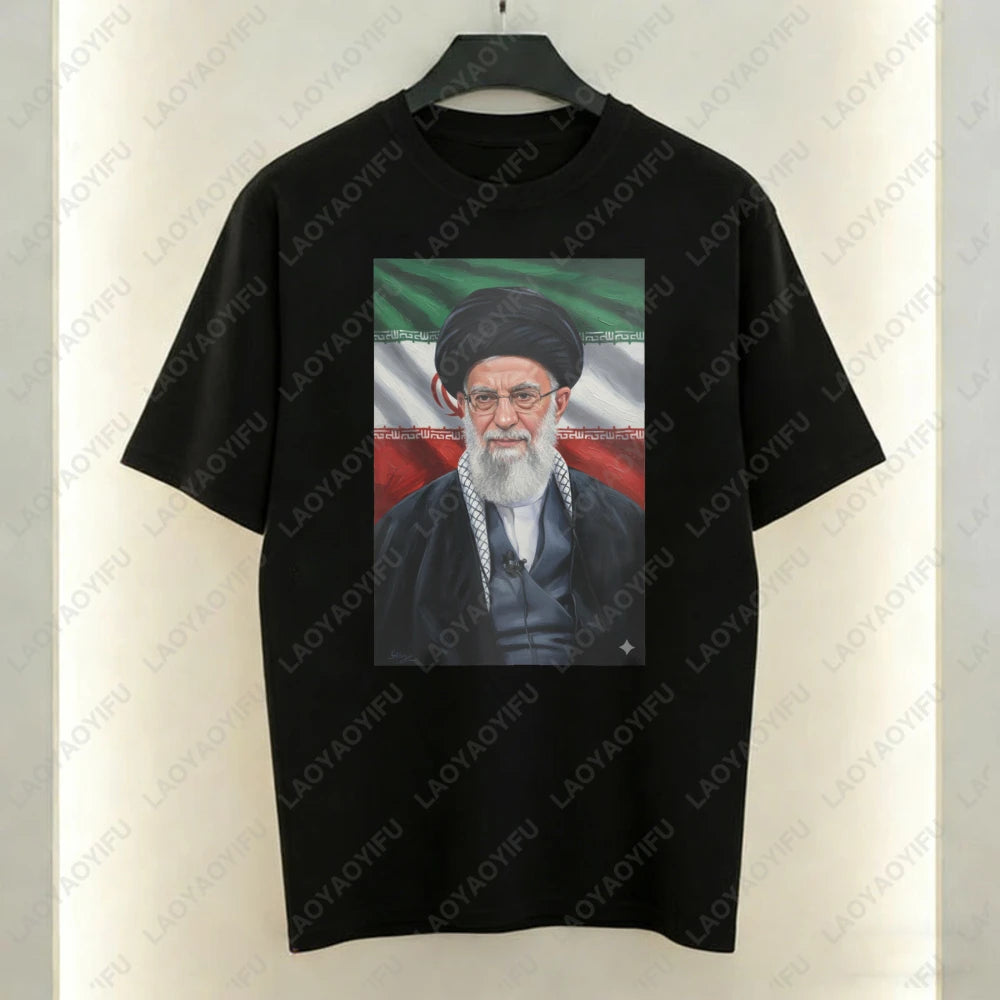 Ayatollah Khamenei Portrait Islamic Leader Design T-Shirt Iran Flag Graphic T Shirts Casual Unisex Cotton Short-sleeve Tees Tops