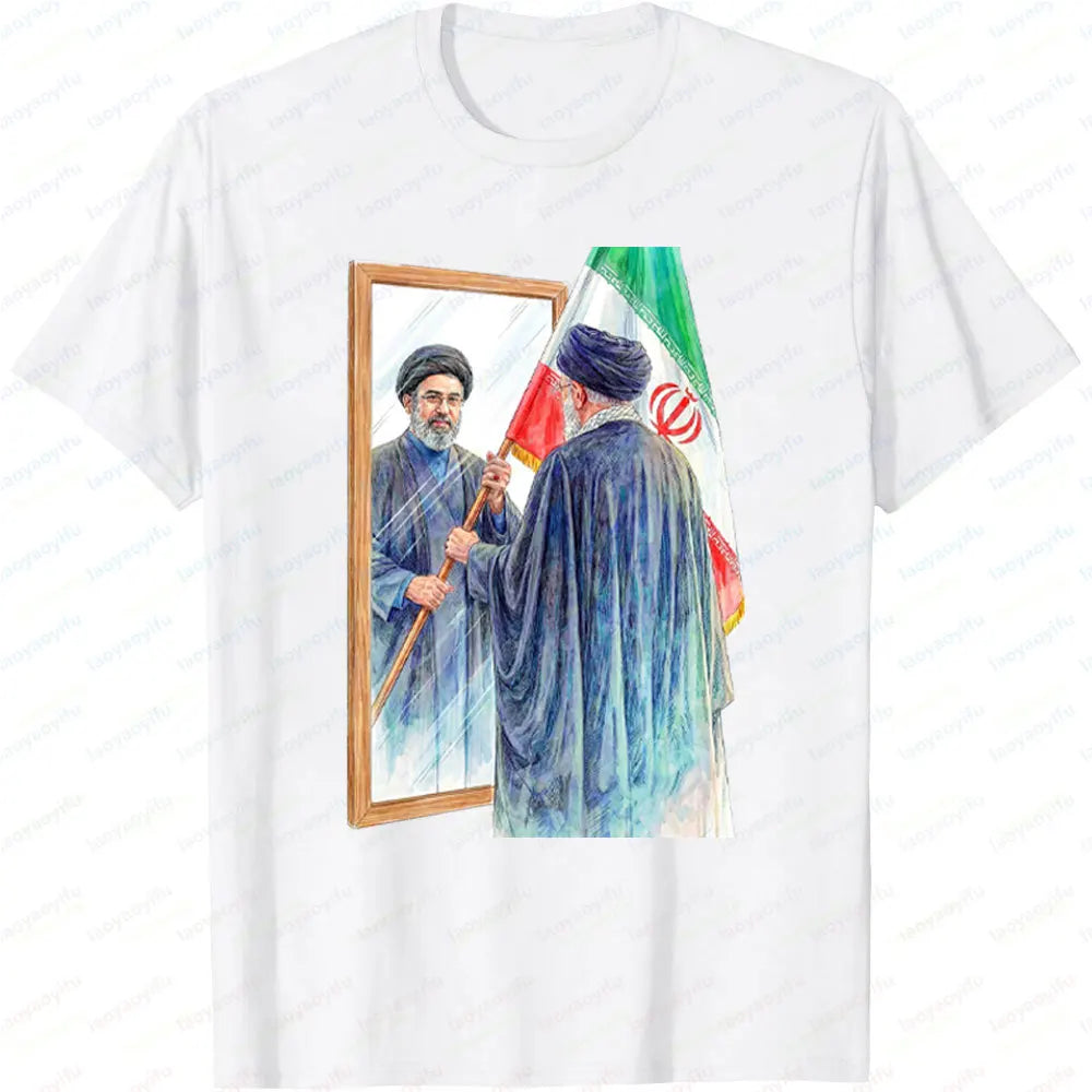 Iranian Political Figure Mojtaba Khamenei Mirror Graphic TShirt Men Summer Cotton Short Sleeve Tee Iran Flag Patriotic Gift Tops