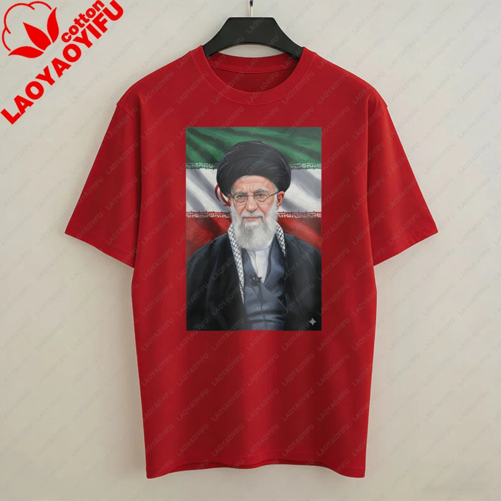 Ayatollah Khamenei Portrait Islamic Leader Design T-Shirt Iran Flag Graphic T Shirts Casual Unisex Cotton Short-sleeve Tees Tops