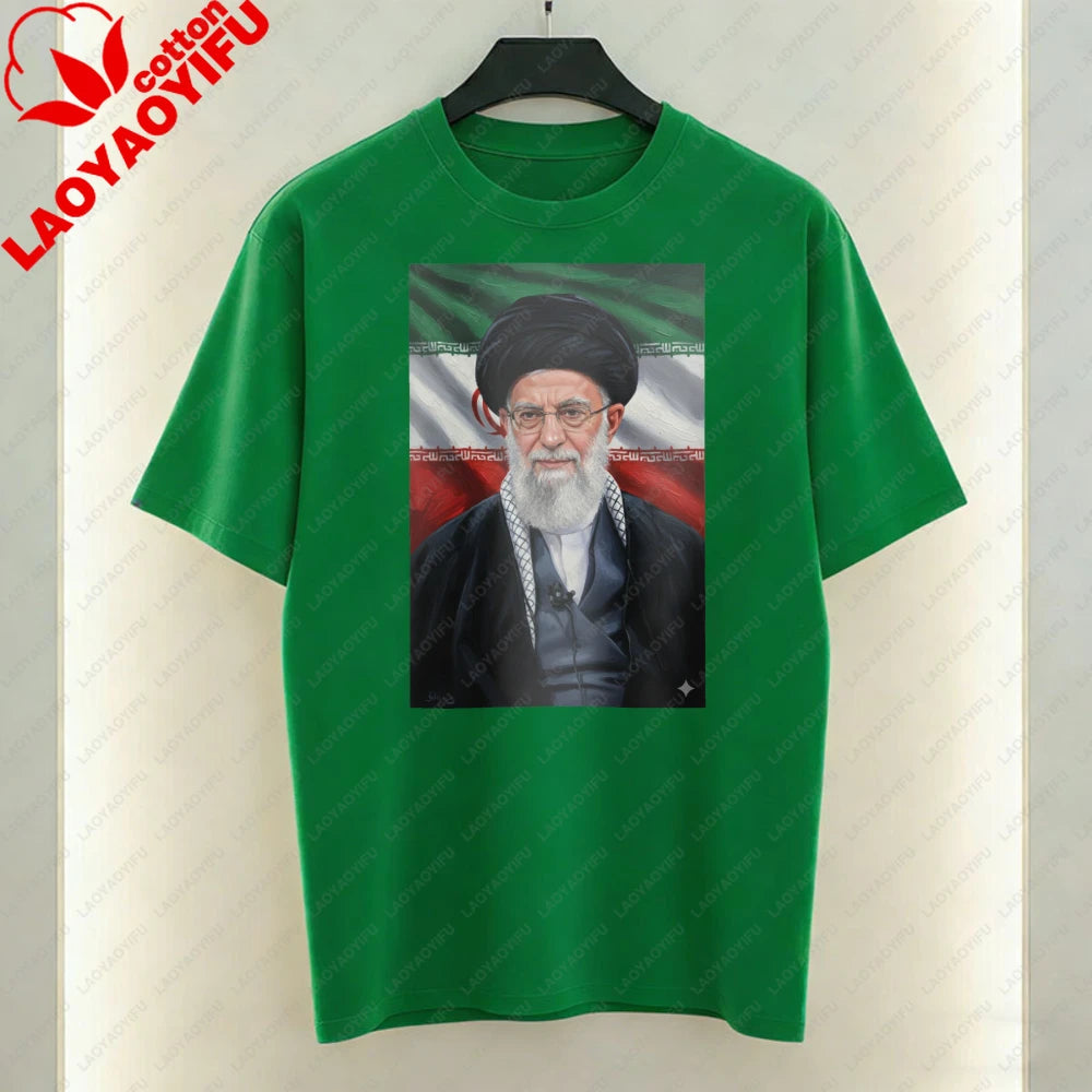 Ayatollah Khamenei Portrait Islamic Leader Design T-Shirt Iran Flag Graphic T Shirts Casual Unisex Cotton Short-sleeve Tees Tops