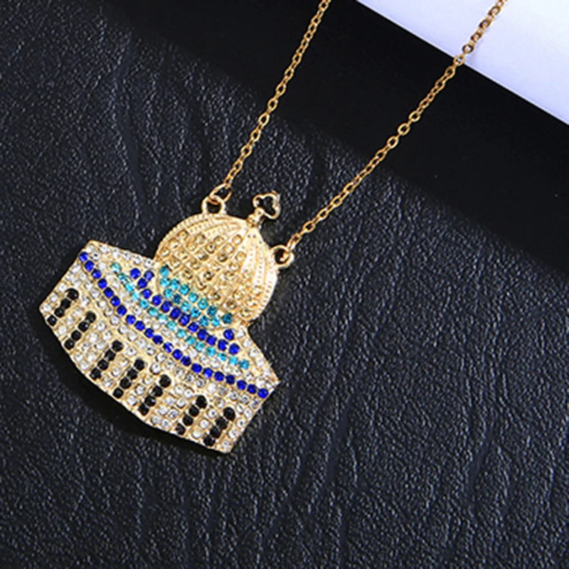 Colorful Stainless Steel Al Aqsa Mosque Crystal Pendant Necklaces Exquisite Personalized Chain Jewelry Gift for Women Men Friend
