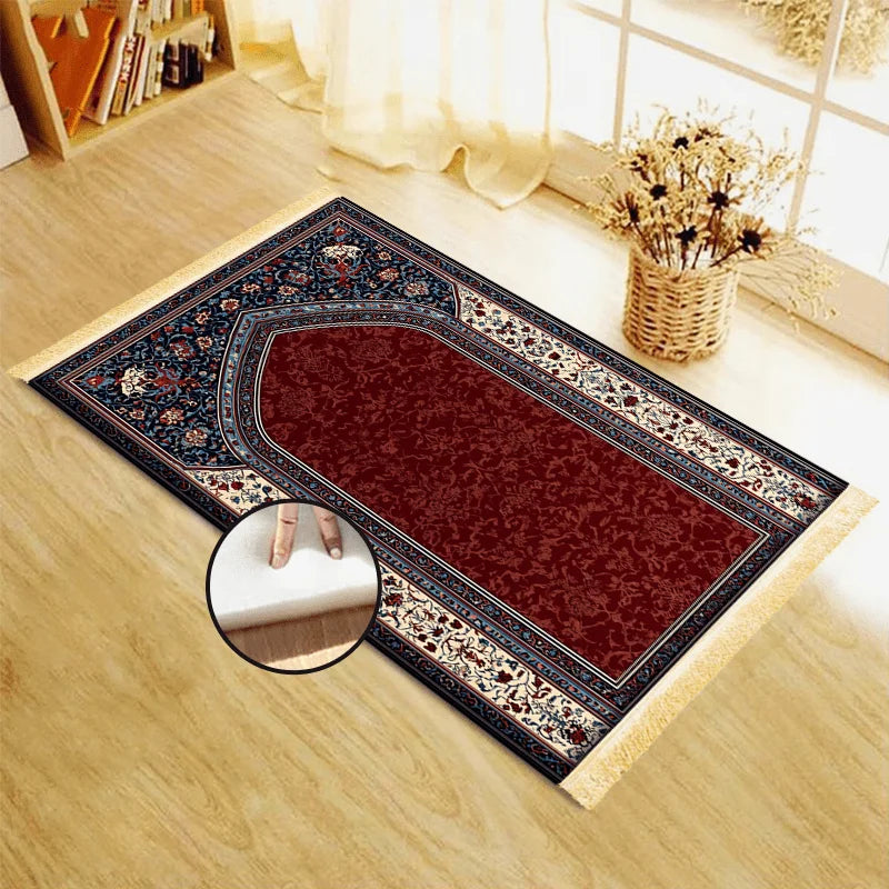 VIKAMA Muslim Prayer Mat, Soft Memory Foam Red And Blue Traditional Pattern Islamic Prayer Rug, Portable Travel Prayer Carpet